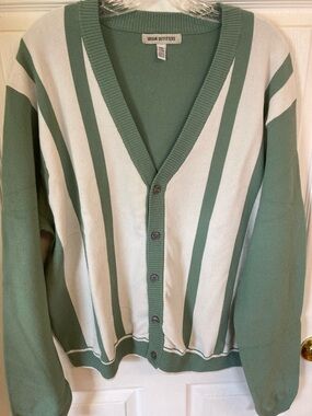 Urban Outfitters Sage Green & White Vertical Stripe V-Neck Cardigan